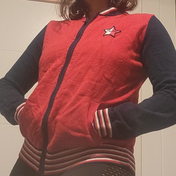 Used Faux Tommy Hilfiger Red and Blue color block Zip Up Sweater - Picture 2 of 3